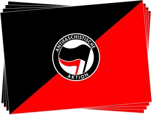 Antifaschistische Aktion (schwarz/rot) mit schwarz/rotem Hintergrund