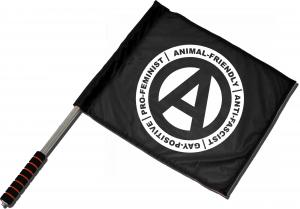 Fahne / Flagge (ca. 40x35cm): Animal-Friendly - Anti-Fascist - Gay Positive - Pro Feminist