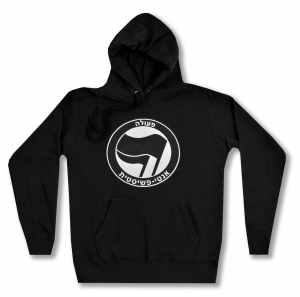 taillierter Kapuzen-Pullover: Antifaschistische Aktion - hebräisch (schwarz/schwarz)