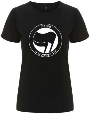 tailliertes Fairtrade T-Shirt: Antifaschistische Aktion - hebräisch (schwarz/schwarz)