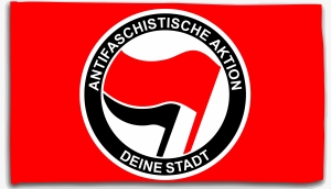 Fahne / Flagge (ca. 150x100cm): Antifaschistische Aktion (rot/schwarz) Deine Stadt