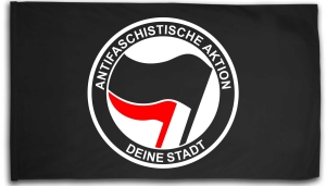 Fahne / Flagge (ca. 150x100cm): Antifaschistische Aktion (schwarz/rot) Deine Stadt
