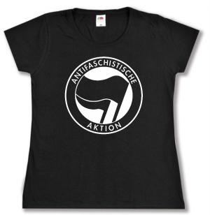 tailliertes T-Shirt: Antifaschistische Aktion (schwarz/schwarz)