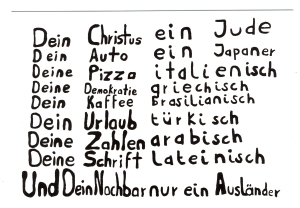Postkarte: Dein Christus ein Jude ... und Dein Nachbar nur ein Ausländer