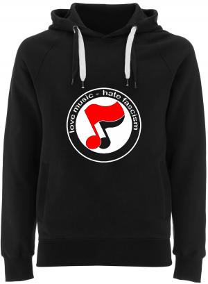 Fairtrade Pullover: love music - hate fascism (Noten)