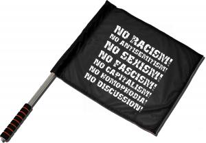 Fahne / Flagge (ca. 40x35cm): No Racism! No Antisemitism! No Sexism! No Fascism! No Capitalism! No Homophobia! No Discussion