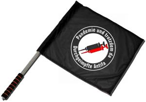 Fahne / Flagge (ca. 40x35cm): Pandemie und trotzdem da - Durchgeimpfte Antifa