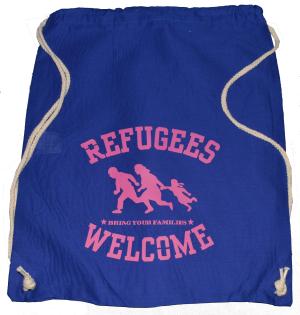 Sportbeutel: Refugees welcome (blau, pinker Druck)