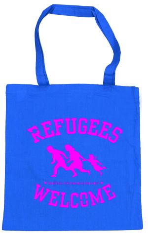 Baumwoll-Tragetasche: Refugees welcome (blau, pinker Druck)
