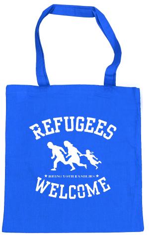 Baumwoll-Tragetasche: Refugees welcome (blau, weißer Druck)