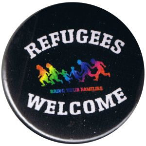 25mm Button: Refugees welcome (bunte Familie)