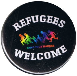 37mm Button: Refugees welcome (bunte Familie)