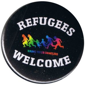 37mm Magnet-Button: Refugees welcome (bunte Familie)