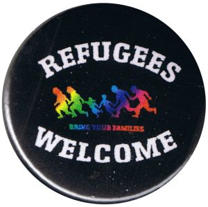50mm Magnet-Button: Refugees welcome (bunte Familie)