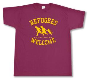 T-Shirt: Refugees welcome (burgund, gelber Druck)