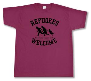 T-Shirt: Refugees welcome (burgund, grauer Druck)