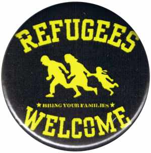 25mm Magnet-Button: Refugees welcome (gelb/schwarz)