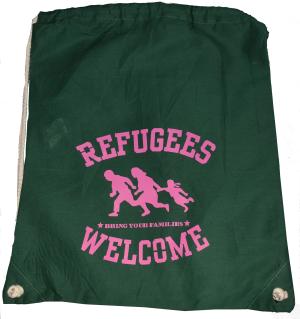Sportbeutel: Refugees welcome (grün, pinker Druck)