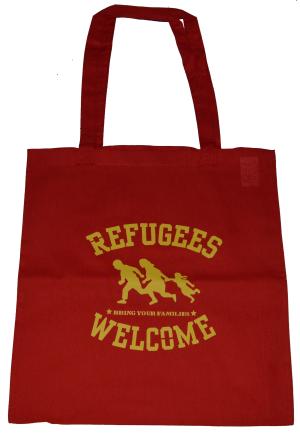 Baumwoll-Tragetasche: Refugees welcome (rot, gelber Druck)