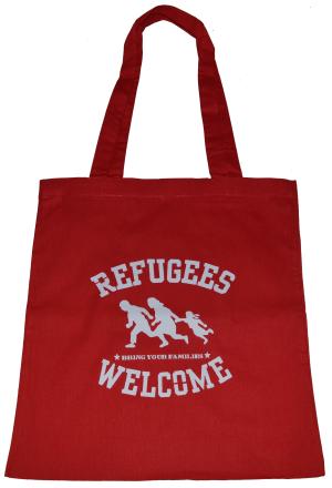 Baumwoll-Tragetasche: Refugees welcome (rot, weißer Druck)