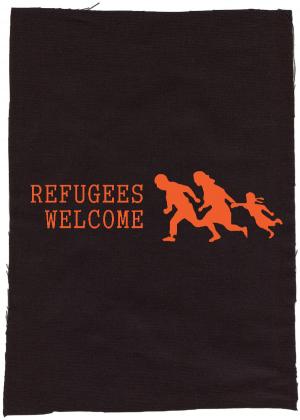 Rückenaufnäher: Refugees welcome (running family)