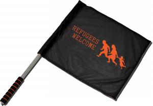 Fahne / Flagge (ca. 40x35cm): Refugees welcome (running family)