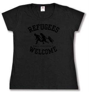 tailliertes T-Shirt: Refugees welcome (schwarz)
