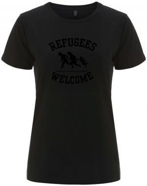 tailliertes Fairtrade T-Shirt: Refugees welcome (schwarz)