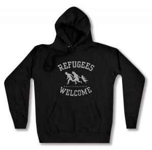 taillierter Kapuzen-Pullover: Refugees welcome (schwarz/grauer Druck)