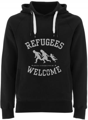 Fairtrade Pullover: Refugees welcome (schwarz/grauer Druck)