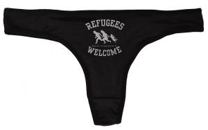 Frauen Stringtanga: Refugees welcome (schwarz/grauer Druck)
