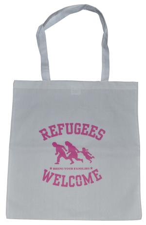 Baumwoll-Tragetasche: Refugees welcome (weiß, pinker Druck)