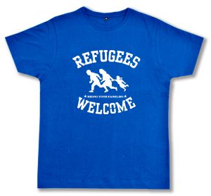 Fairtrade T-Shirt: Refugees Welcome (weiß/blau)