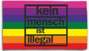 Fahne / Flagge (ca. 150x100cm): Regenbogen - Kein Mensch ist Illegal