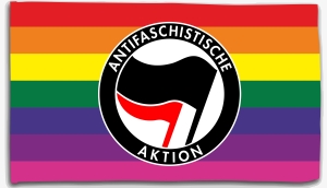 Fahne / Flagge (ca. 150x100cm): Regenbogen (mit Antifaschistische Aktion (schwarz/rot))