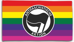 Fahne / Flagge (ca. 150x100cm): Regenbogen (mit Antifaschistische Aktion (schwarz/schwarz))