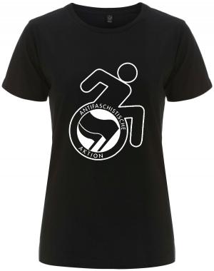 tailliertes Fairtrade T-Shirt: RollifahrerIn Antifaschistische Aktion (schwarz/schwarz)