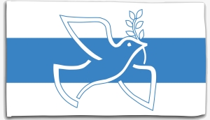Russische Antikriegsfahne mit Friedenstaube mit Zweig (weiß/blau