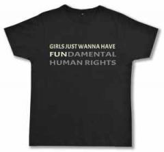 Zum Fairtrade T-Shirt "Girls just wanna have fundamental human rights" für 19,45 € gehen.
