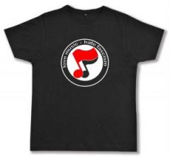 Zum Fairtrade T-Shirt "love music - hate fascism (Noten)" für 19,45 € gehen.