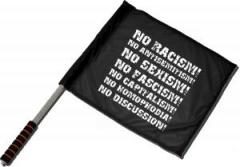 Zum/zur  Fahne / Flagge (ca. 40x35cm) "No Racism! No Antisemitism! No Sexism! No Fascism! No Capitalism! No Homophobia! No Discussion" für 15,00 € gehen.