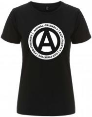 Zum/zur  tailliertes Fairtrade T-Shirt "Animal-Friendly - Anti-Fascist - Gay Positive - Pro Feminist" für 18,10 € gehen.
