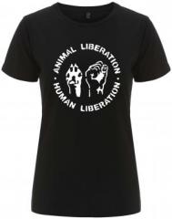 Zum/zur  tailliertes Fairtrade T-Shirt "Animal Liberation - Human Liberation" für 18,10 € gehen.