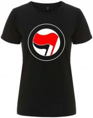 Zum/zur  tailliertes Fairtrade T-Shirt "Antifa Logo (rot/schwarz, ohne Schrift)" für 18,10 € gehen.