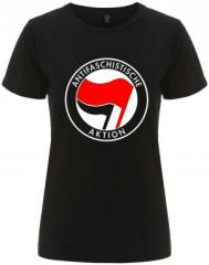 Zum/zur  tailliertes Fairtrade T-Shirt "Antifaschistische Aktion (rot/schwarz)" für 18,10 € gehen.