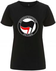 Zum/zur  tailliertes Fairtrade T-Shirt "Antifaschistische Aktion (schwarz/rot)" für 18,10 € gehen.