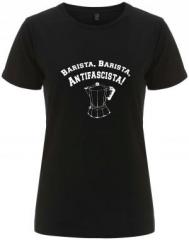 Zum/zur  tailliertes Fairtrade T-Shirt "Barista Barista Antifascista" für 18,10 € gehen.