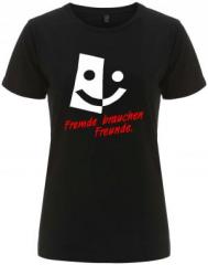 Zum/zur  tailliertes Fairtrade T-Shirt "Fremde brauchen Freunde" für 18,10 € gehen.