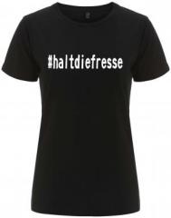 Zum/zur  tailliertes Fairtrade T-Shirt "#haltdiefresse" für 18,10 € gehen.