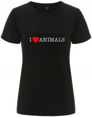 Zum/zur  tailliertes Fairtrade T-Shirt "I love Animals" für 18,10 € gehen.
